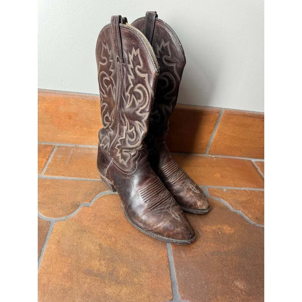 J. Chisholm Vintage Cowboy Boots 10 Dark Brown Western Handcrafted USA Festival